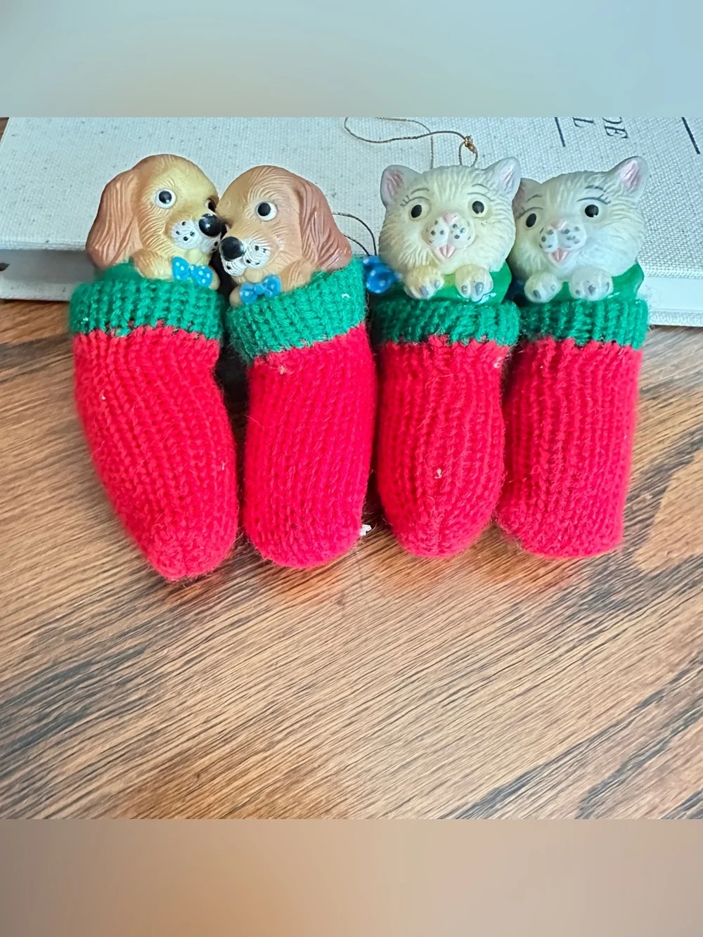 Vintage Holiday Memories puppy kitten Christmas ornaments lot of 4